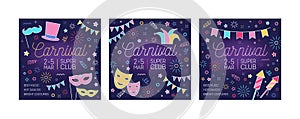 Collection of festive carnival promo cards with place for text. Bundle of square postcards decorated mask, flag garland
