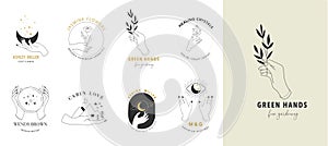 Collection of fine, hand drawn style logos and icons of hands. Esoteric, fashion, skin care and wedding concept