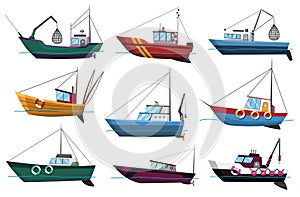 Collection of fishing boats side view isolated on white background. Commercial fishing trawlers for industrial seafood