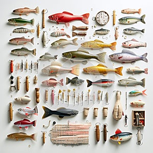 Collection of fishing equipment bait and rod on a white background organized