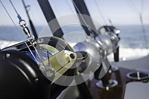 Collection of fishing rods in a boat at the Caribbean