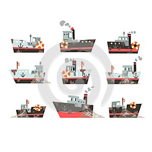 Collection of fishing vessels, trawlers for industrial seafood production, retro marine steamers vector Illustration