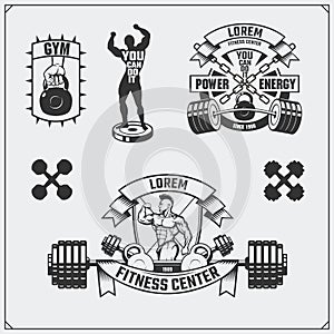 Collection of fitness labels, emblems, badges, logos and design elements. Illustration and silhouette of bodybuild photo