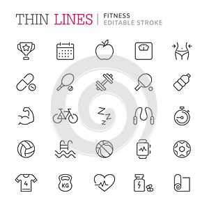 Collection of fitness related line icons. Editable stroke