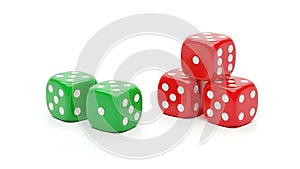 Two green dice and a stack of three red dice on a white background