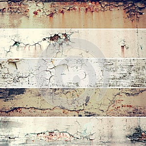 Collection of five long and narrow images with vintage grunge rusty old metal texture, abstract background