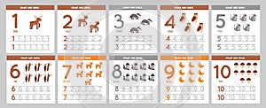 Collection of flashcards for learning numbers for children. Cute forest animals