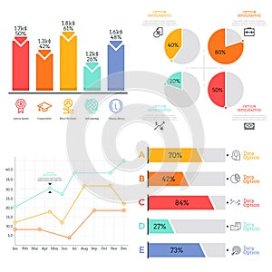 Collection of flat colorful diagram, bar and line graph, pie chart elements. Statistical data visualization concept