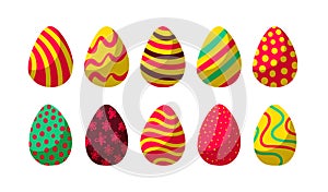 Collection of flat colorful ornamental decorated Easter eggs isolated on white background.