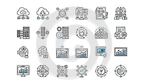 Technology and Network Icons Including Cloud, Security, and Data Keywords: technology, network, icons, set, cloud