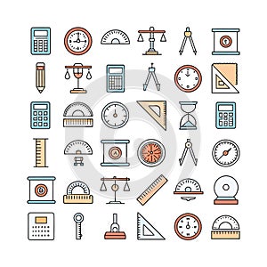 Collection of flat design science and math tools and instruments calculator clock