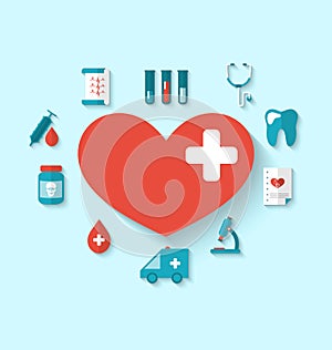 Collection flat icons of hearts and medical elements