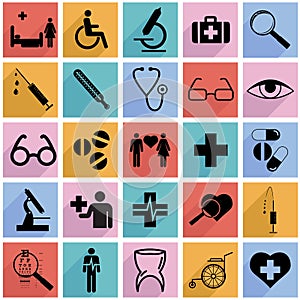 Collection flat icons with long shadow. Medicine