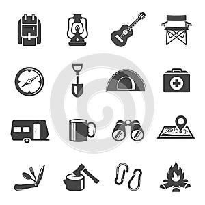 Collection of flat icons - touristic gear, equipment or tools