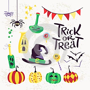 Collection of flat vector halloween traditional decoration elements on white background.