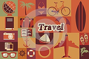 Collection of flat vintage retro travel icons, flat design