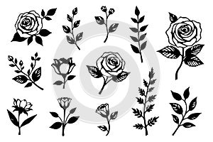 Black and white ink floral sticker set for decorative art and crafts photo