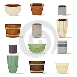 Collection of flower pots. Terracotta, ceramic and wooden planters of various shapes and colors. Interior design. Indoor or garden