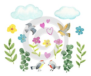 Collection flowers, birds, butterflies, branches and leaves in vintage watercolor style.