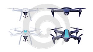 Collection of flying drones. Set modern electronic device for observation or surveillance from air