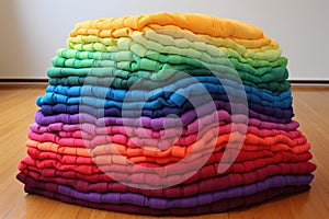 collection of folded towels in rainbow order