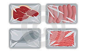 Collection of Food Plastic Tray Containers with Transparent Cellophane Covers, Fresh Minced Meat, Steak of Beef, Fish