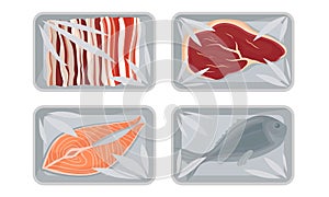 Collection of Food Plastic Tray Containers with Transparent Cellophane Covers, Fresh Salmon Steak, Beef Meat, Raw Bacon