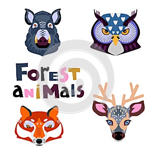 Collection of forest animals. Animal portrait set with flat design.