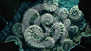 A collection of fossilized ammonites marine creatures that lived alongside the dinosaurs found in a hidden underwater photo