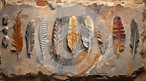 A collection of fossilized feathers from a variety of dinosaur species highlighting the diversity of these creatures and