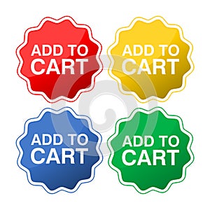 Collection of four colored buttons with text add to cart