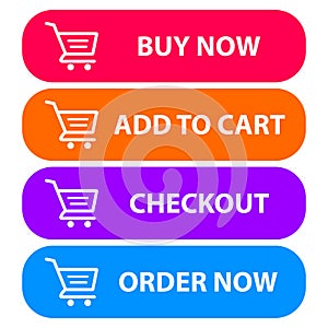 Collection of four colored buttons with text buy now, add to cart,checkout and order now with a cart icon. Sale icon : buy now