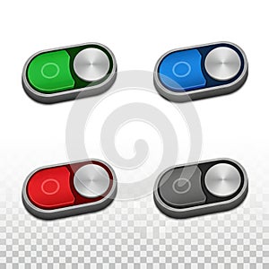 Collection of four colored toggle switch buttons with metallic silver slider elements
