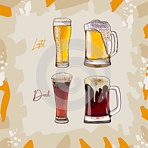 Collection of four dark and light glasses of beer, hand-drawing oktoberfest beer, beer with foam. Vector drawing