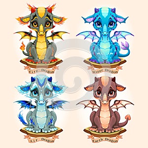 Collection of four natural element baby dragons, Fire, Water, Air and Earth