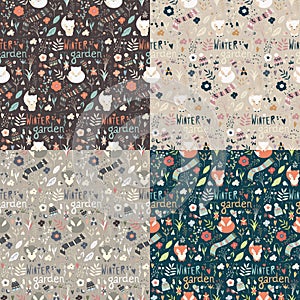 Collection of four seamless patterns with winter garden flowers, foxes and scarf, hat and mittens