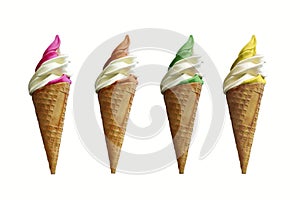 Collection of four soft serve ice creams isolated on white