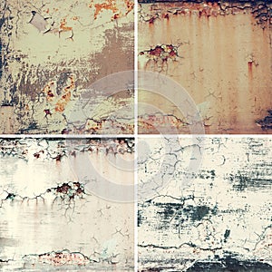 Collection of four square images with vintage grunge rusty old metal texture, abstract background