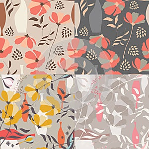 Collection of four vector seamless patterns with floral elements