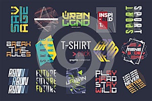 Collection of fourteen colorful vector t-shirt graphic designs, prints, illustrations