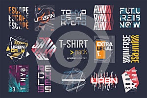 Collection of fourteen colorful vector t-shirt graphic designs, prints, illustrations