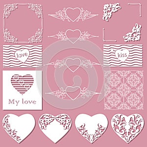 Collection of frames of different shapes, seamless patterns with hearts and separators.