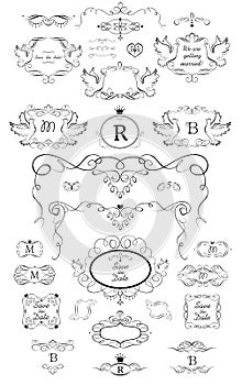 Collection of frames with doves, vignette, scroll and headers for wedding and heraldic design, menu card, restaurant, cafe, hotel,