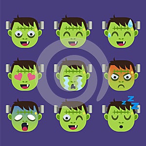 Set of Frankenstein Emoticon Sticker Isolated