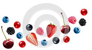 Collection of fresh berries isolated on white. Strawberry, blueberry, cherry, raspberry, currant, blackberry