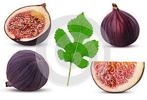 Collection fresh figs fruit, whole, slice, cut in half with leaf