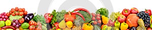 Collection fresh fruits and vegetables isolated on white background. Panoramic collage. Wide photo