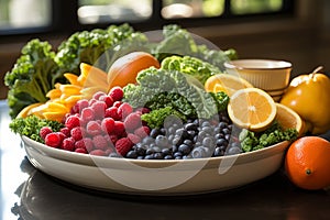 A collection of fresh fruits and vegetables on plate