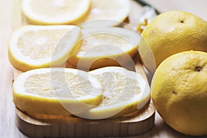 Collection of fresh grapefruit slices on background. Rotation citrus fruit. Top view.