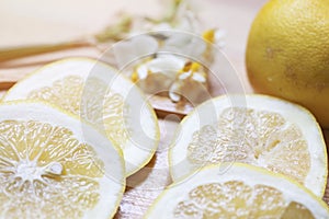 Collection of fresh grapefruit slices on background. Rotation citrus fruit. Top view.